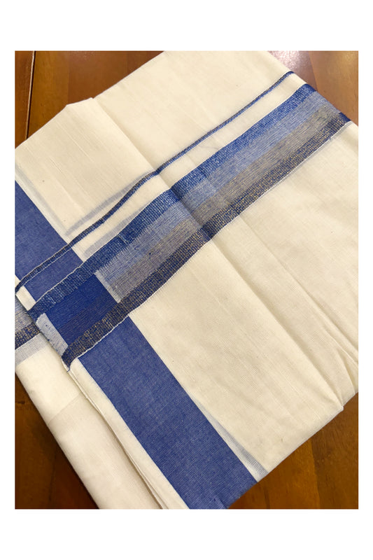 Off White Pure Cotton Double Mundu with Blue Kara (South Indian Kerala Dhoti)