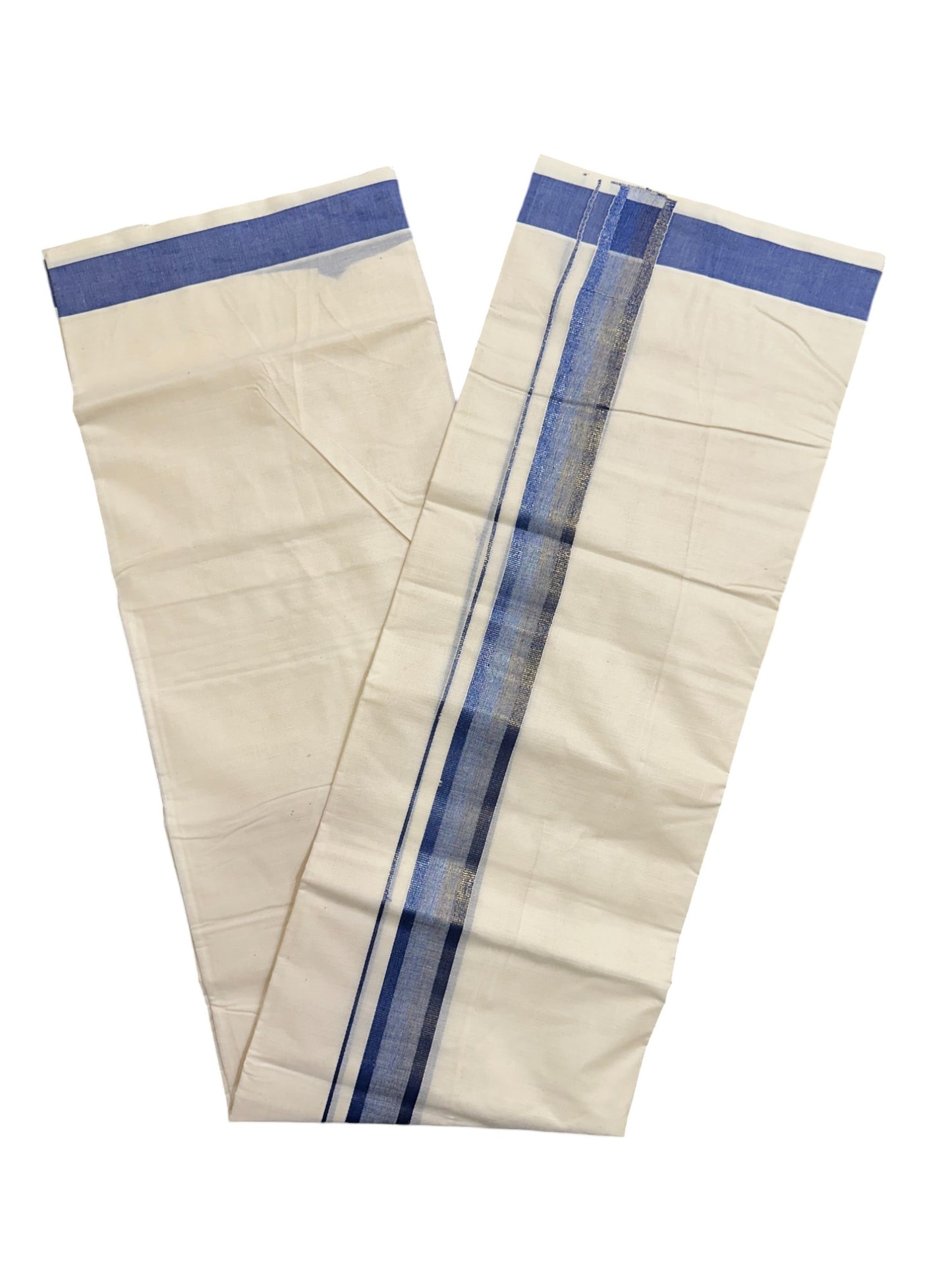 Off White Pure Cotton Double Mundu with Blue Kara (South Indian Kerala Dhoti)