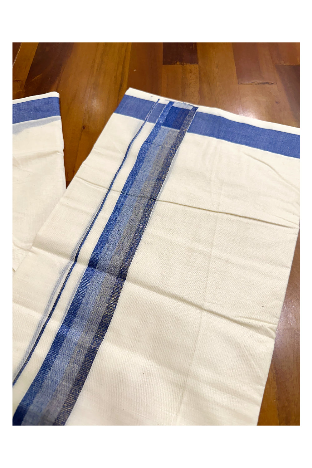 Off White Pure Cotton Double Mundu with Blue Kara (South Indian Kerala Dhoti)