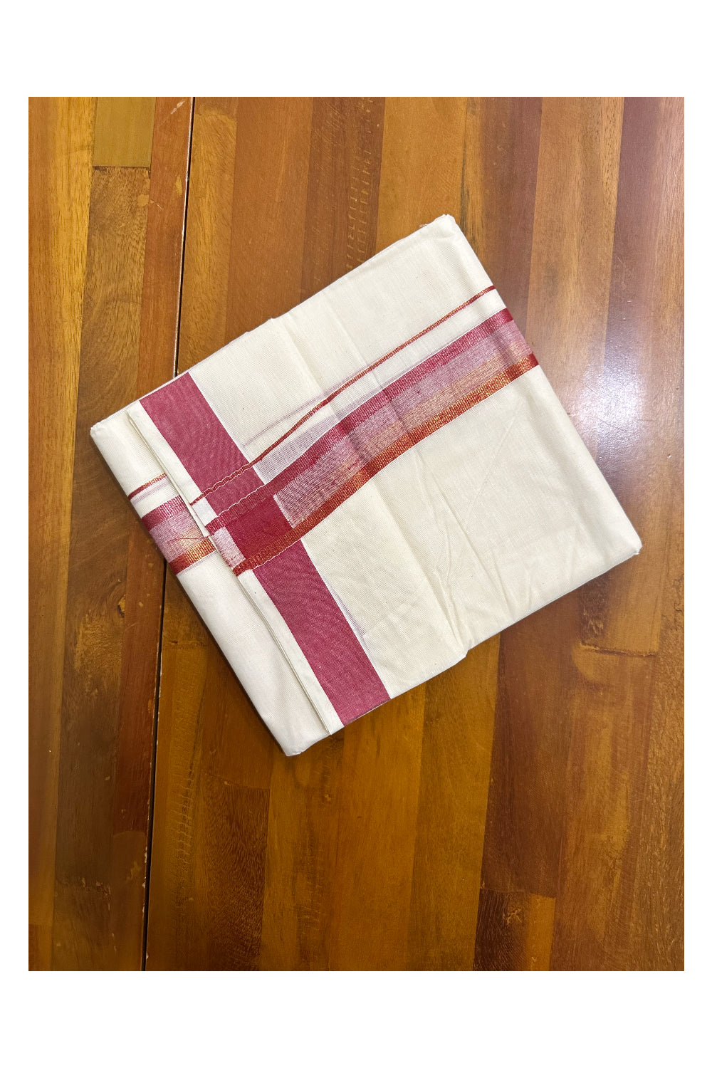 Off White Pure Cotton Double Mundu with Maroon Kara (South Indian Kerala Dhoti)