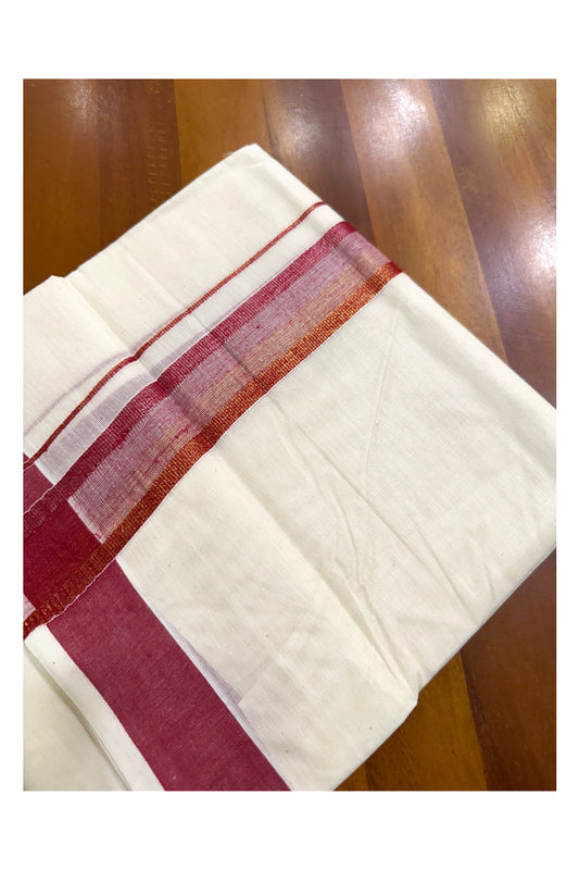 Off White Pure Cotton Double Mundu with Maroon Kara (South Indian Kerala Dhoti)