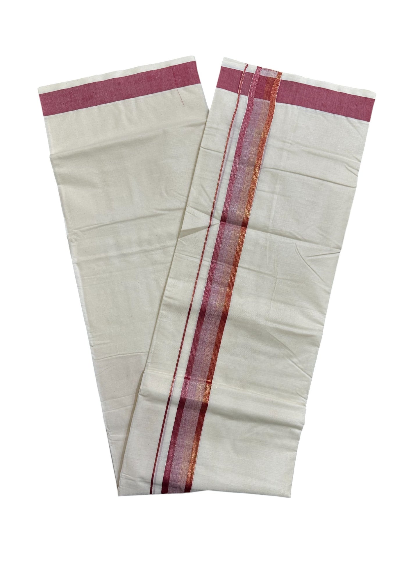 Off White Pure Cotton Double Mundu with Maroon Kara (South Indian Kerala Dhoti)