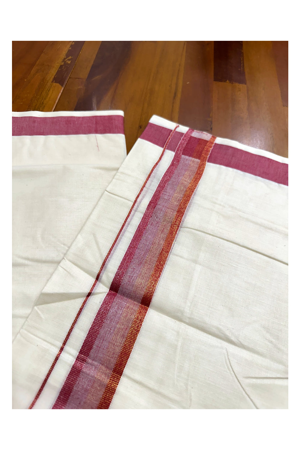 Off White Pure Cotton Double Mundu with Maroon Kara (South Indian Kerala Dhoti)