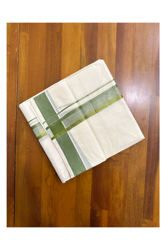 Off White Pure Cotton Double Mundu with Green Kara (South Indian Kerala Dhoti)