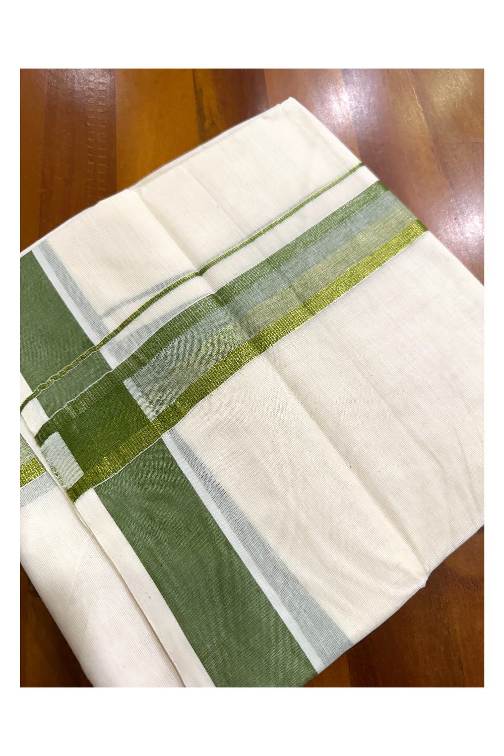 Off White Pure Cotton Double Mundu with Green Kara (South Indian Kerala Dhoti)