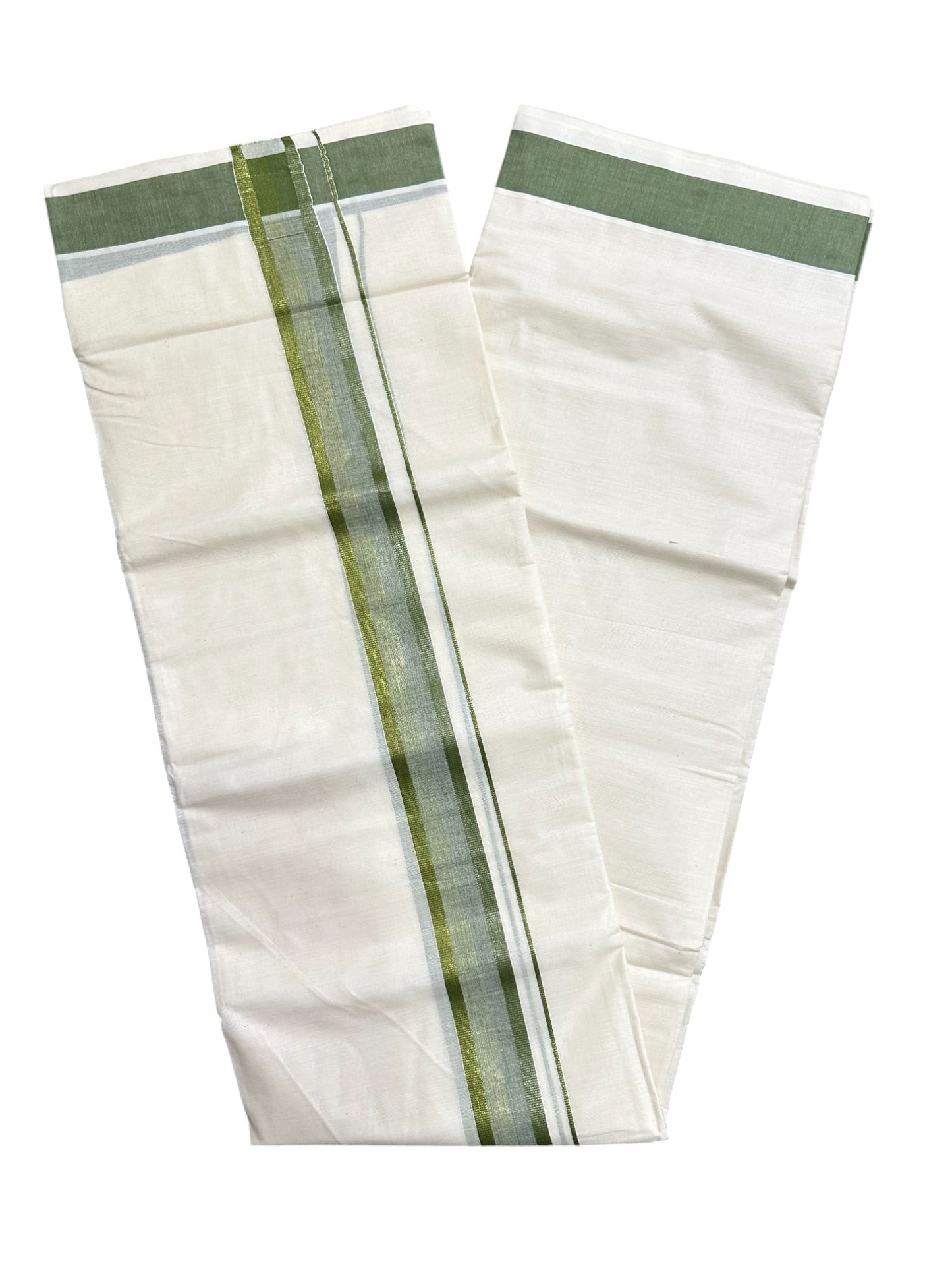 Off White Pure Cotton Double Mundu with Green Kara (South Indian Kerala Dhoti)