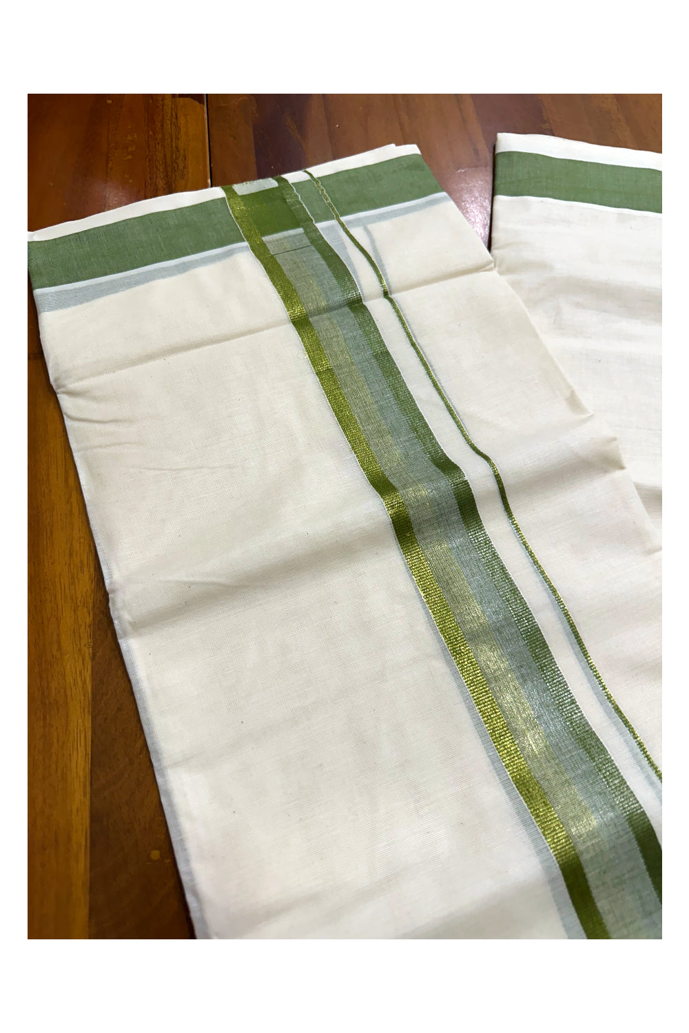 Off White Pure Cotton Double Mundu with Green Kara (South Indian Kerala Dhoti)