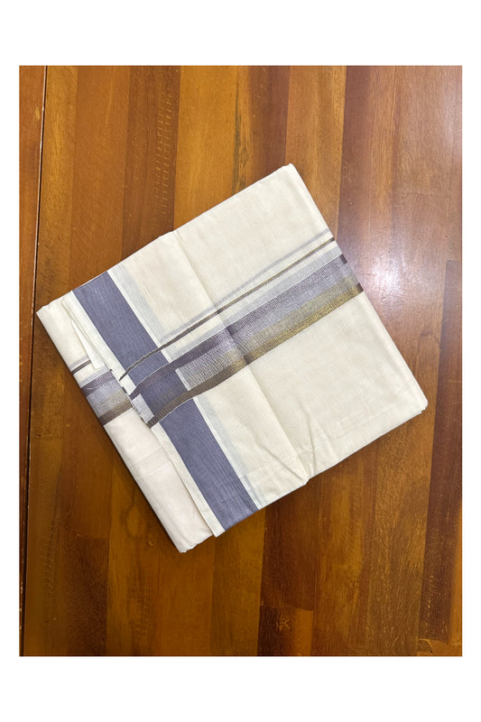 Off White Pure Cotton Double Mundu with Grey Kara (South Indian Kerala Dhoti)