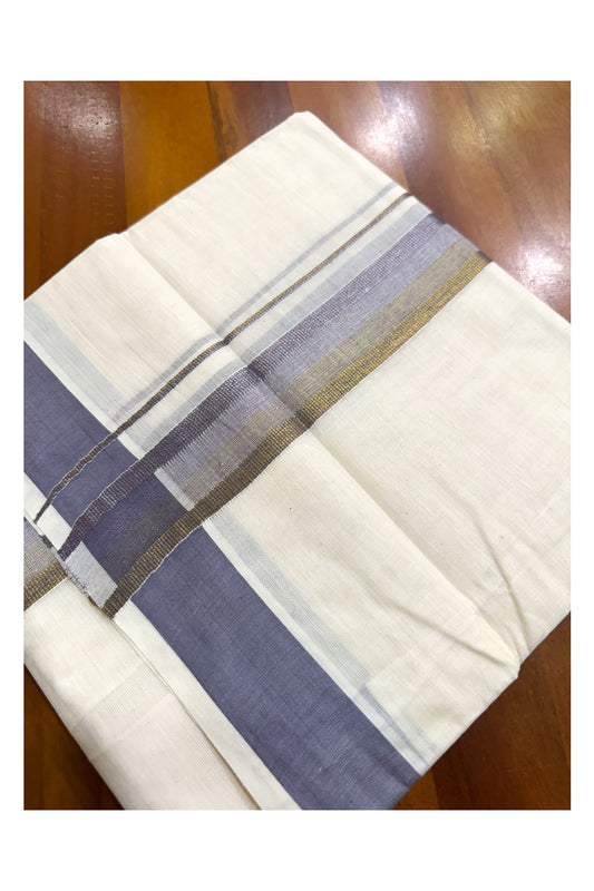 Off White Pure Cotton Double Mundu with Grey Kara (South Indian Kerala Dhoti)