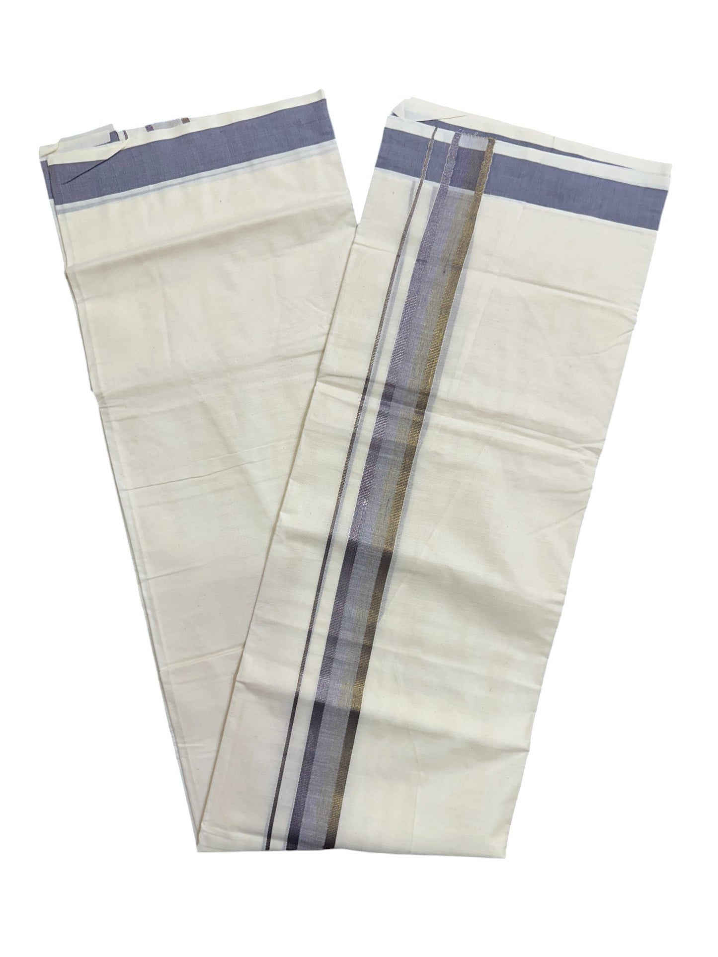 Off White Pure Cotton Double Mundu with Grey Kara (South Indian Kerala Dhoti)