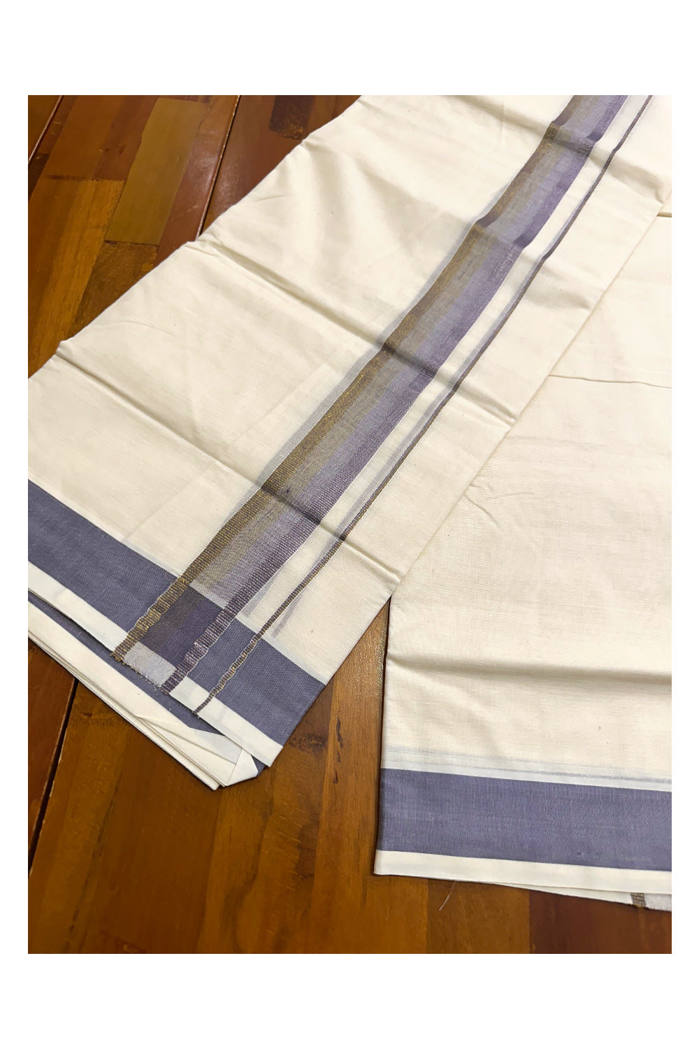 Off White Pure Cotton Double Mundu with Grey Kara (South Indian Kerala Dhoti)