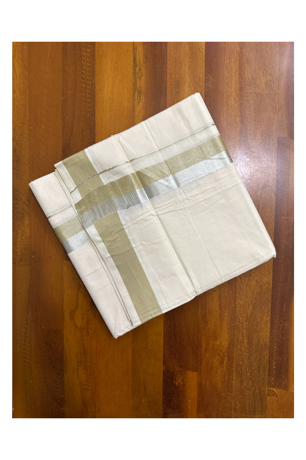 Kerala Pure Cotton Off White Double Mundu with Silver Kasavu And Green Kara (South Indian Kerala Dhoti)