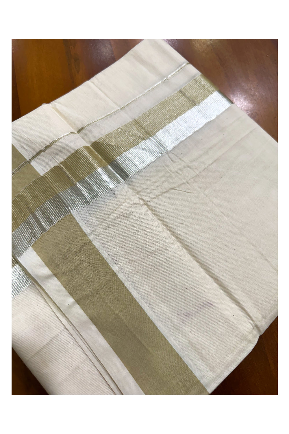 Kerala Pure Cotton Off White Double Mundu with Silver Kasavu And Green Kara (South Indian Kerala Dhoti)