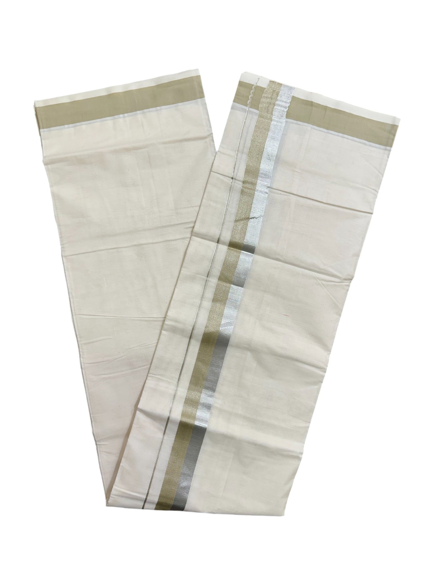 Kerala Pure Cotton Off White Double Mundu with Silver Kasavu And Green Kara (South Indian Kerala Dhoti)