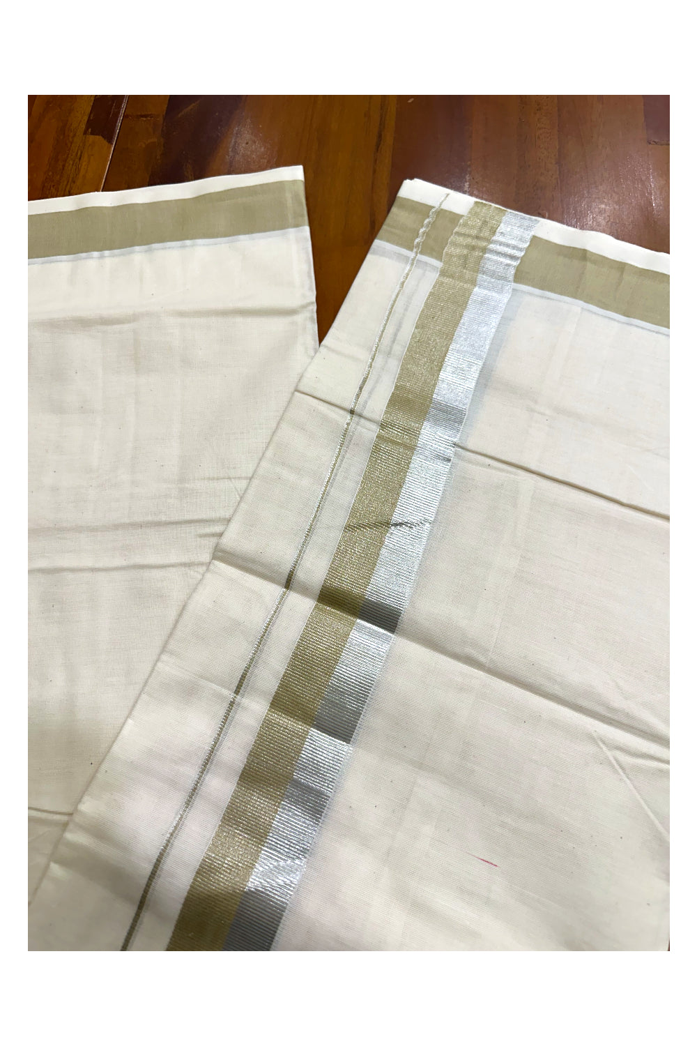 Kerala Pure Cotton Off White Double Mundu with Silver Kasavu And Green Kara (South Indian Kerala Dhoti)