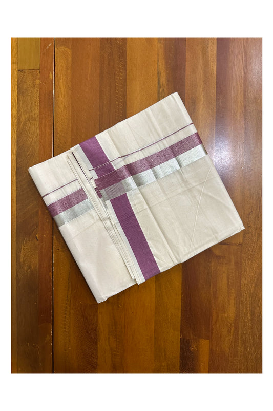 Kerala Pure Cotton Off White Double Mundu with Silver Kasavu And Maroon Kara (South Indian Kerala Dhoti)