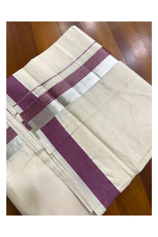 Kerala Pure Cotton Off White Double Mundu with Silver Kasavu And Maroon Kara (South Indian Kerala Dhoti)