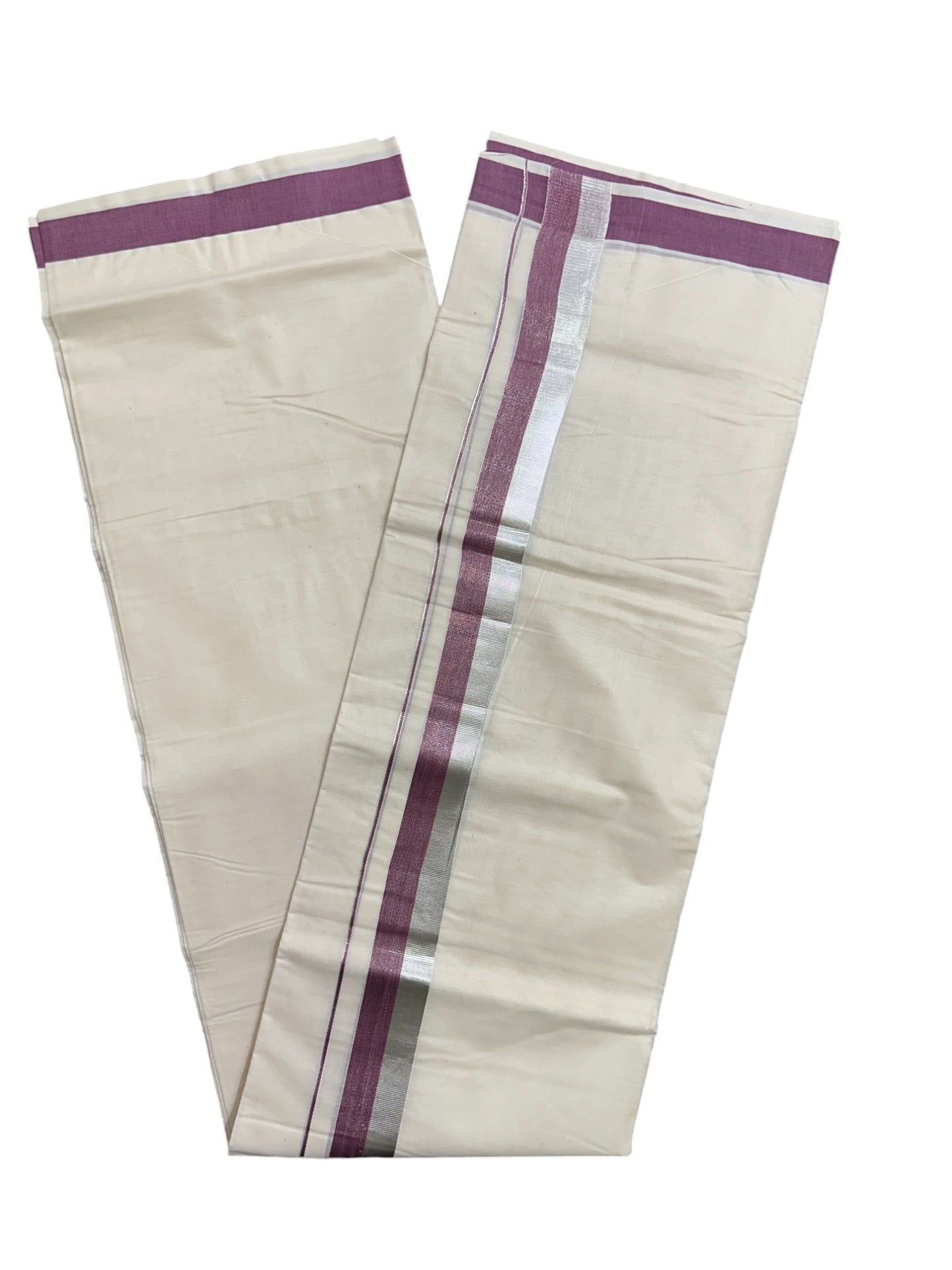 Kerala Pure Cotton Off White Double Mundu with Silver Kasavu And Maroon Kara (South Indian Kerala Dhoti)