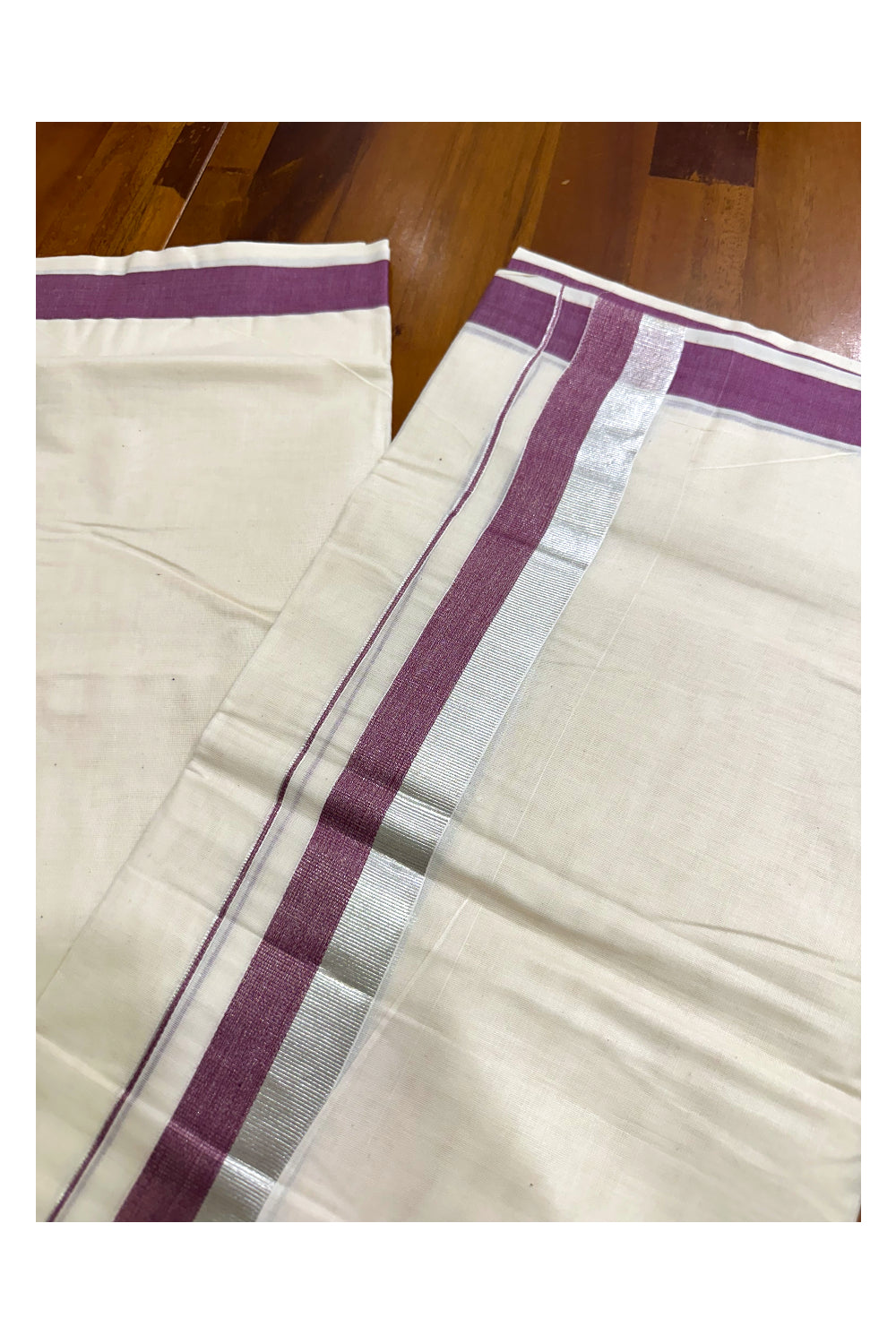 Kerala Pure Cotton Off White Double Mundu with Silver Kasavu And Maroon Kara (South Indian Kerala Dhoti)