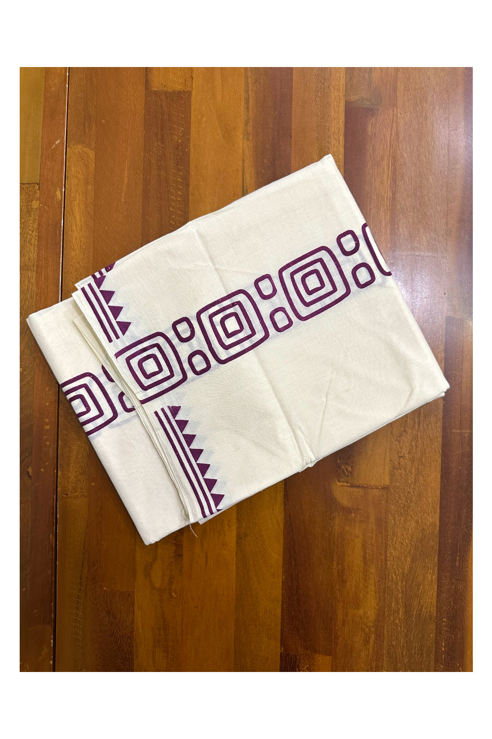 Pure Cotton Off White Double Mundu with Violet Block Prints On Border (South Indian Kerala Dhoti)