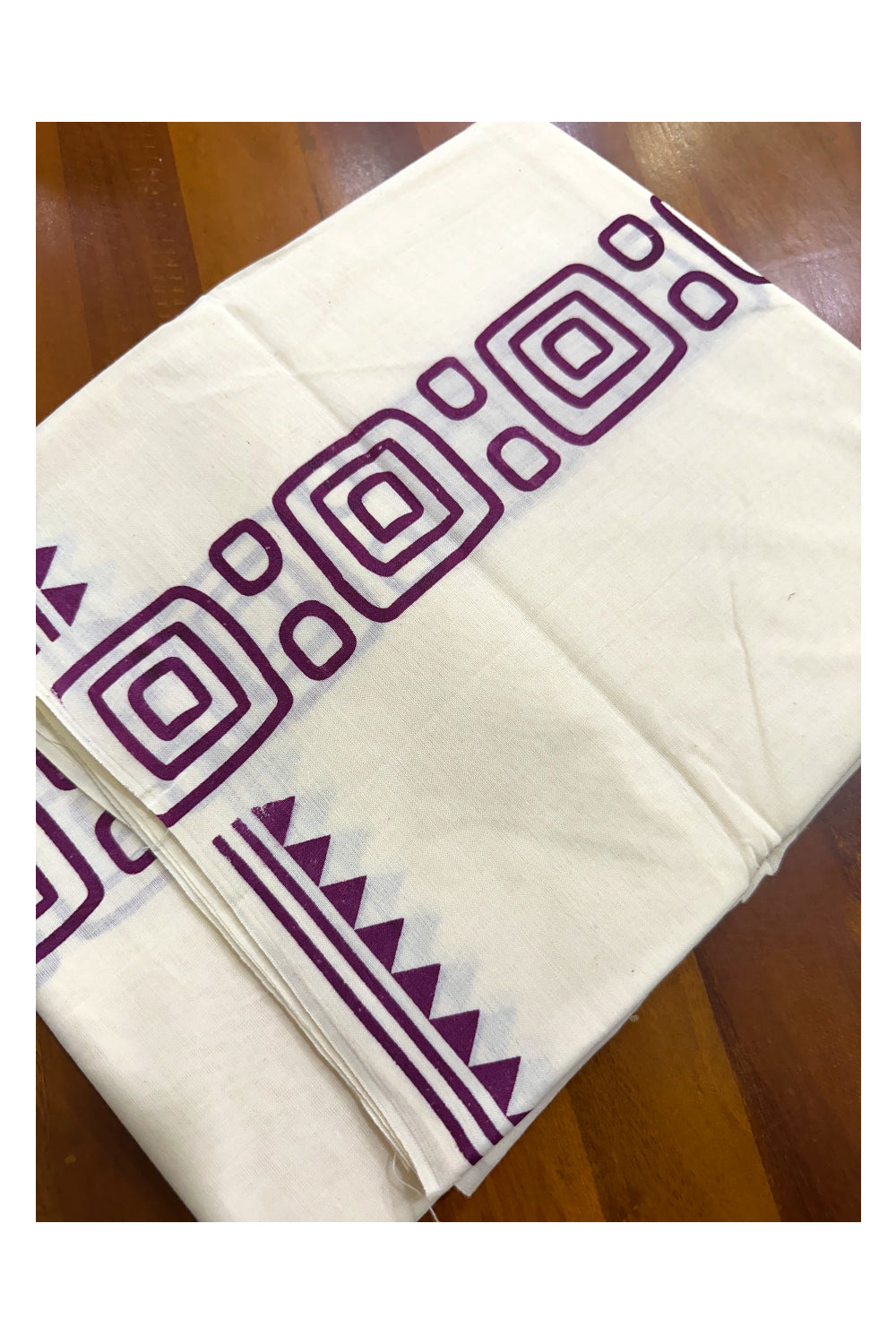 Pure Cotton Off White Double Mundu with Violet Block Prints On Border (South Indian Kerala Dhoti)