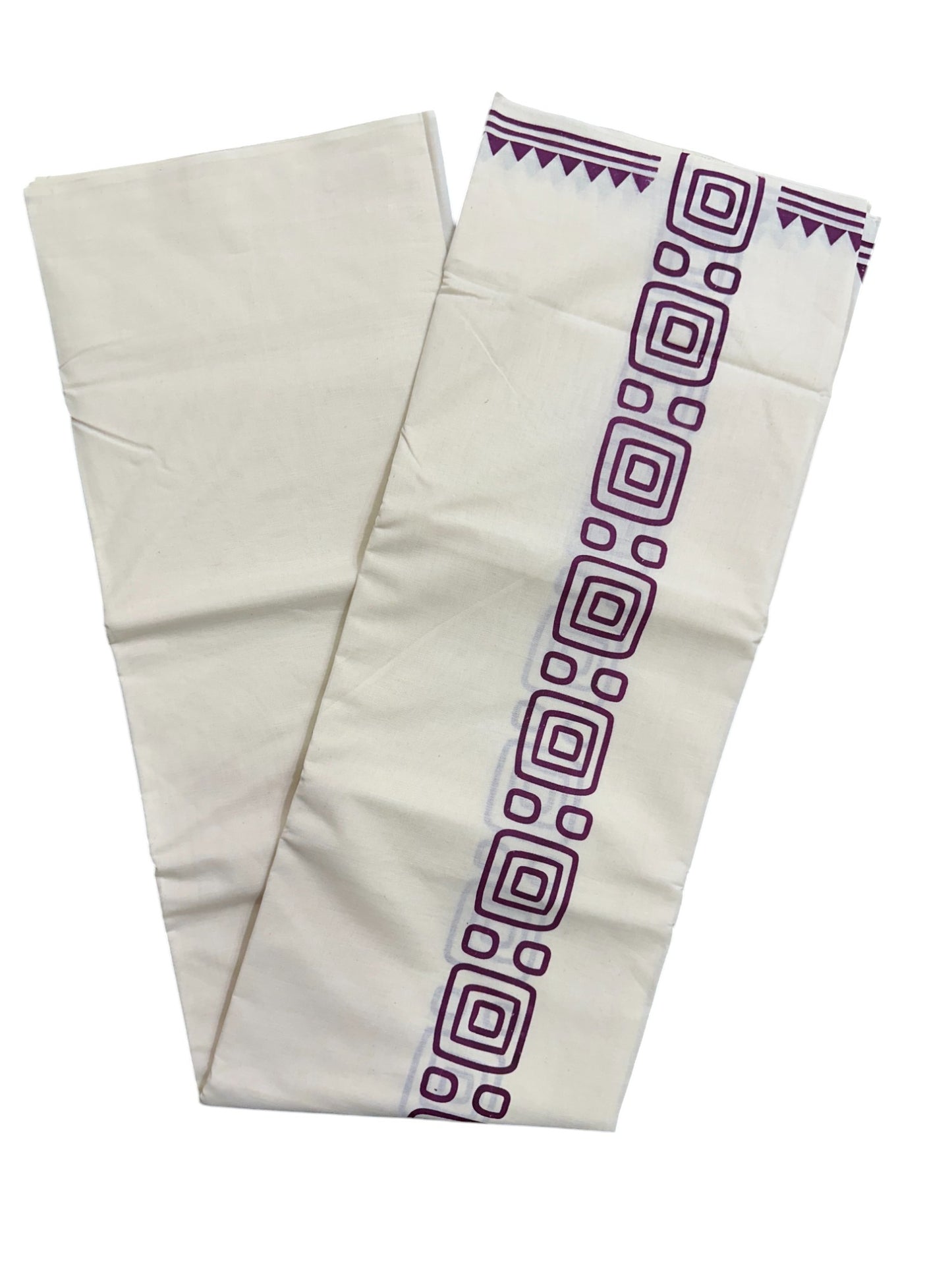 Pure Cotton Off White Double Mundu with Violet Block Prints On Border (South Indian Kerala Dhoti)