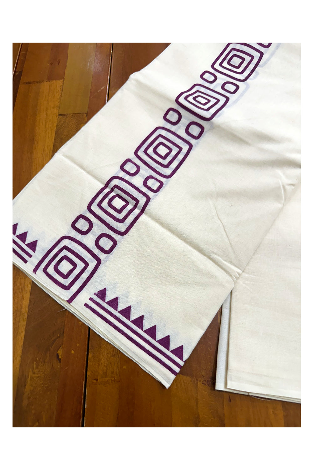 Pure Cotton Off White Double Mundu with Violet Block Prints On Border (South Indian Kerala Dhoti)