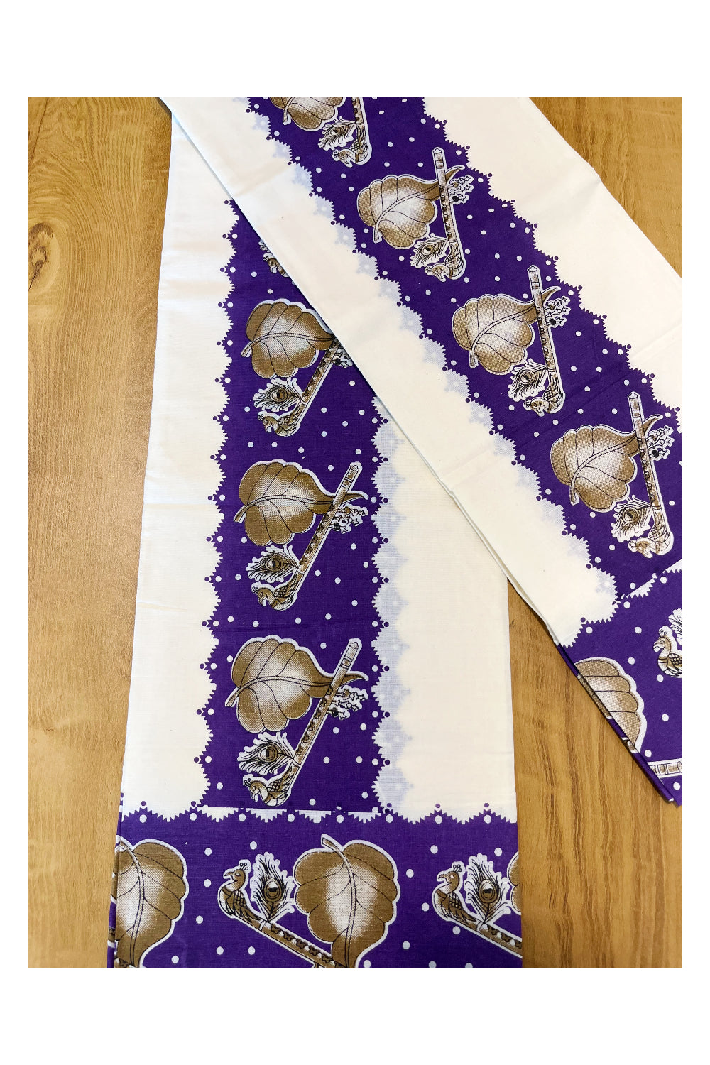 Kerala Cotton Single Set Mundu (Mundum Neriyathum) with Mural Prints on Violet Border And Matching Blouse Piece (2.80 Mtrs)