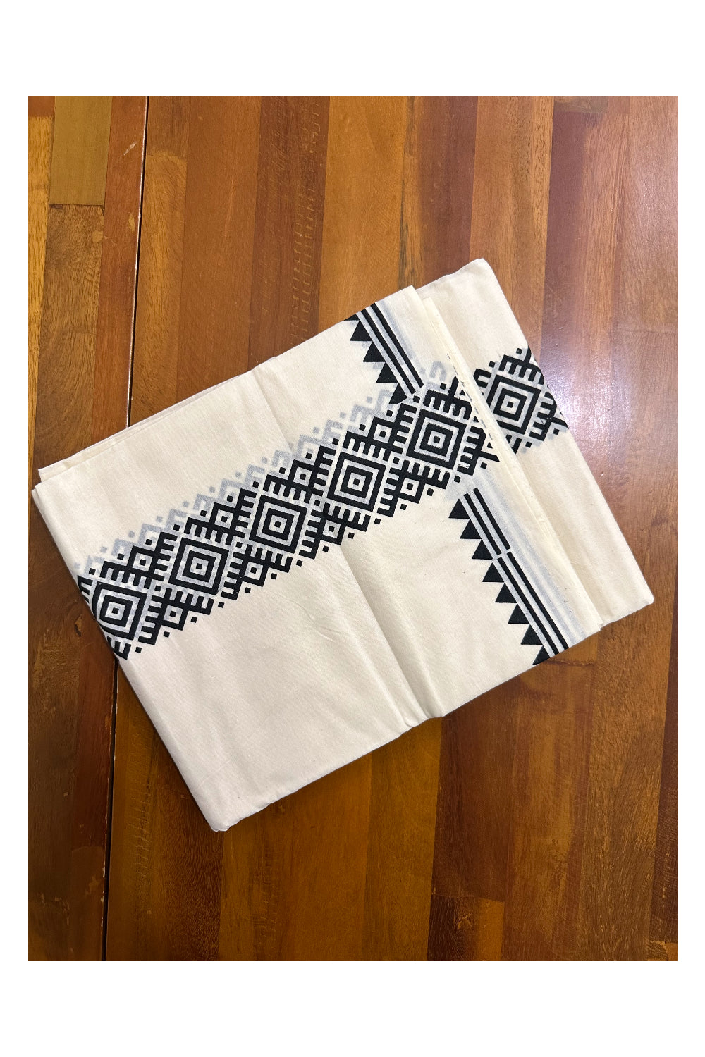 Pure Cotton Off White Double Mundu with Black Block Prints On Border (South Indian Kerala Dhoti)