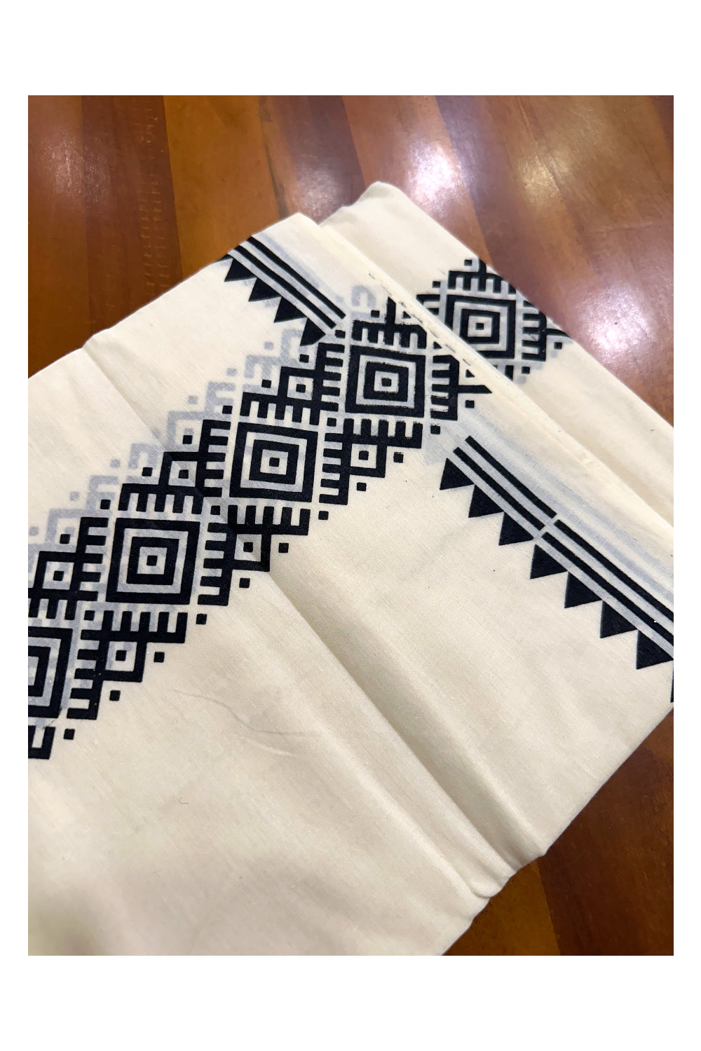 Pure Cotton Off White Double Mundu with Black Block Prints On Border (South Indian Kerala Dhoti)