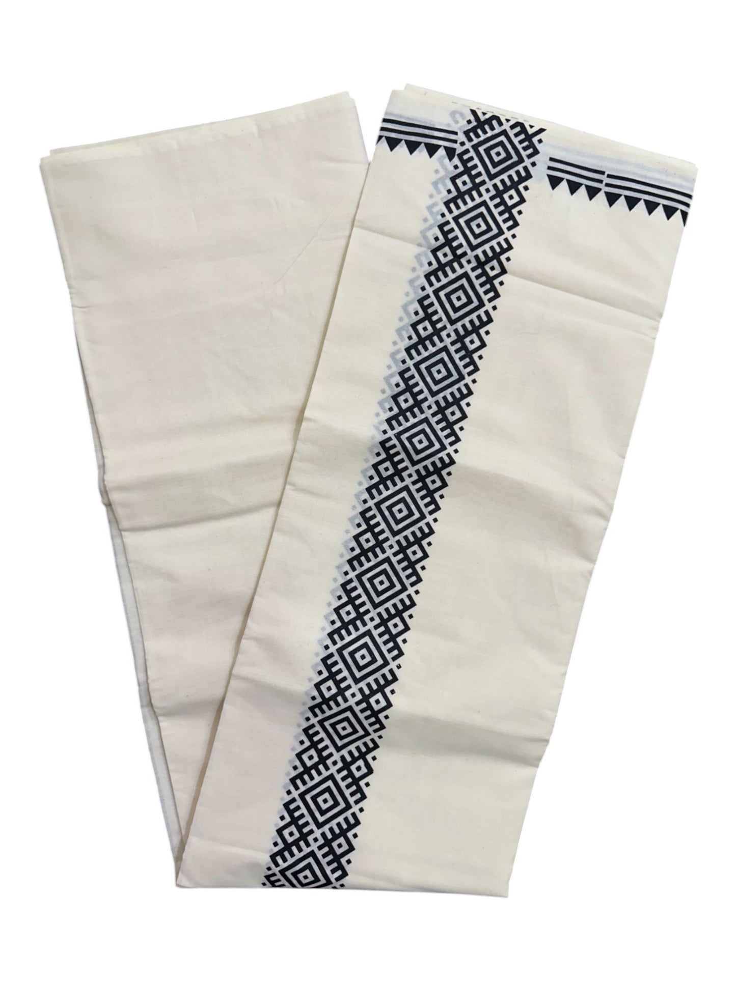 Pure Cotton Off White Double Mundu with Black Block Prints On Border (South Indian Kerala Dhoti)