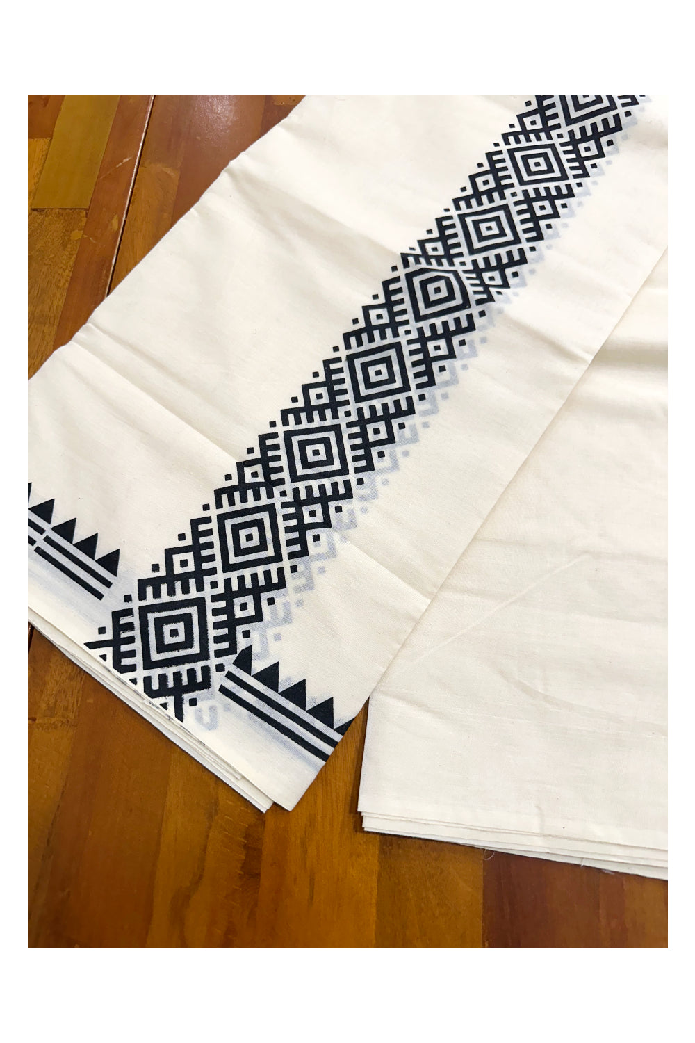 Pure Cotton Off White Double Mundu with Black Block Prints On Border (South Indian Kerala Dhoti)