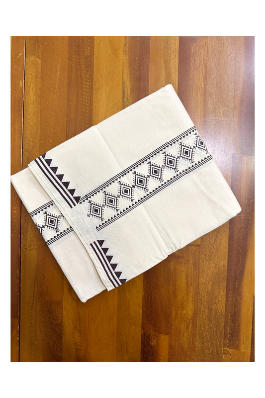 Pure Cotton Off White Double Mundu with Brown Block Prints On Border (South Indian Kerala Dhoti)