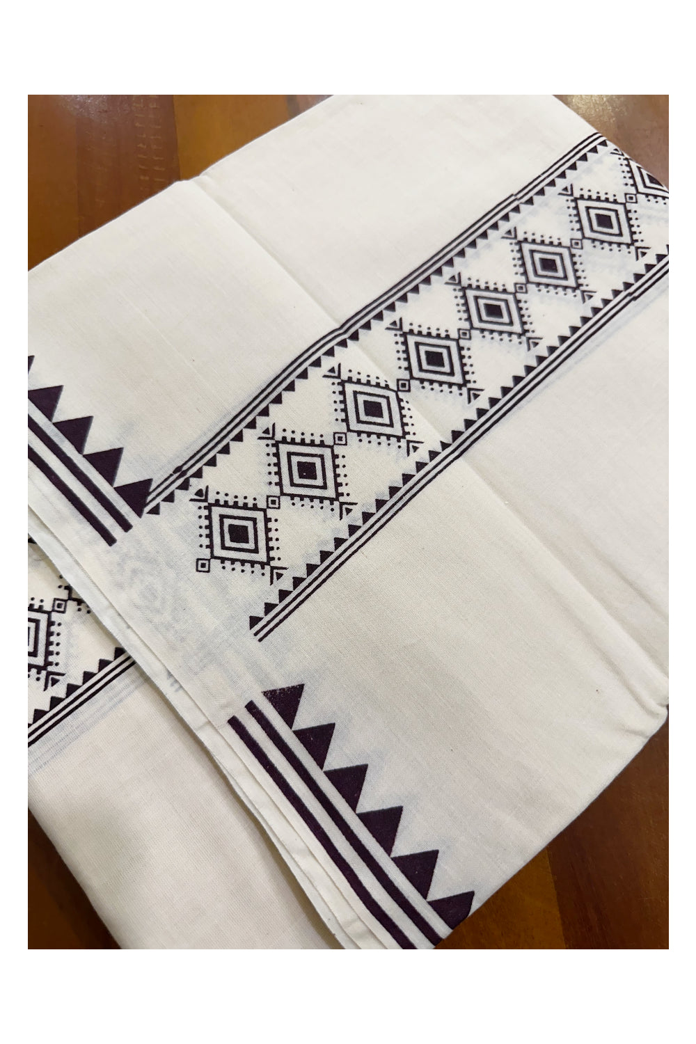 Pure Cotton Off White Double Mundu with Brown Block Prints On Border (South Indian Kerala Dhoti)