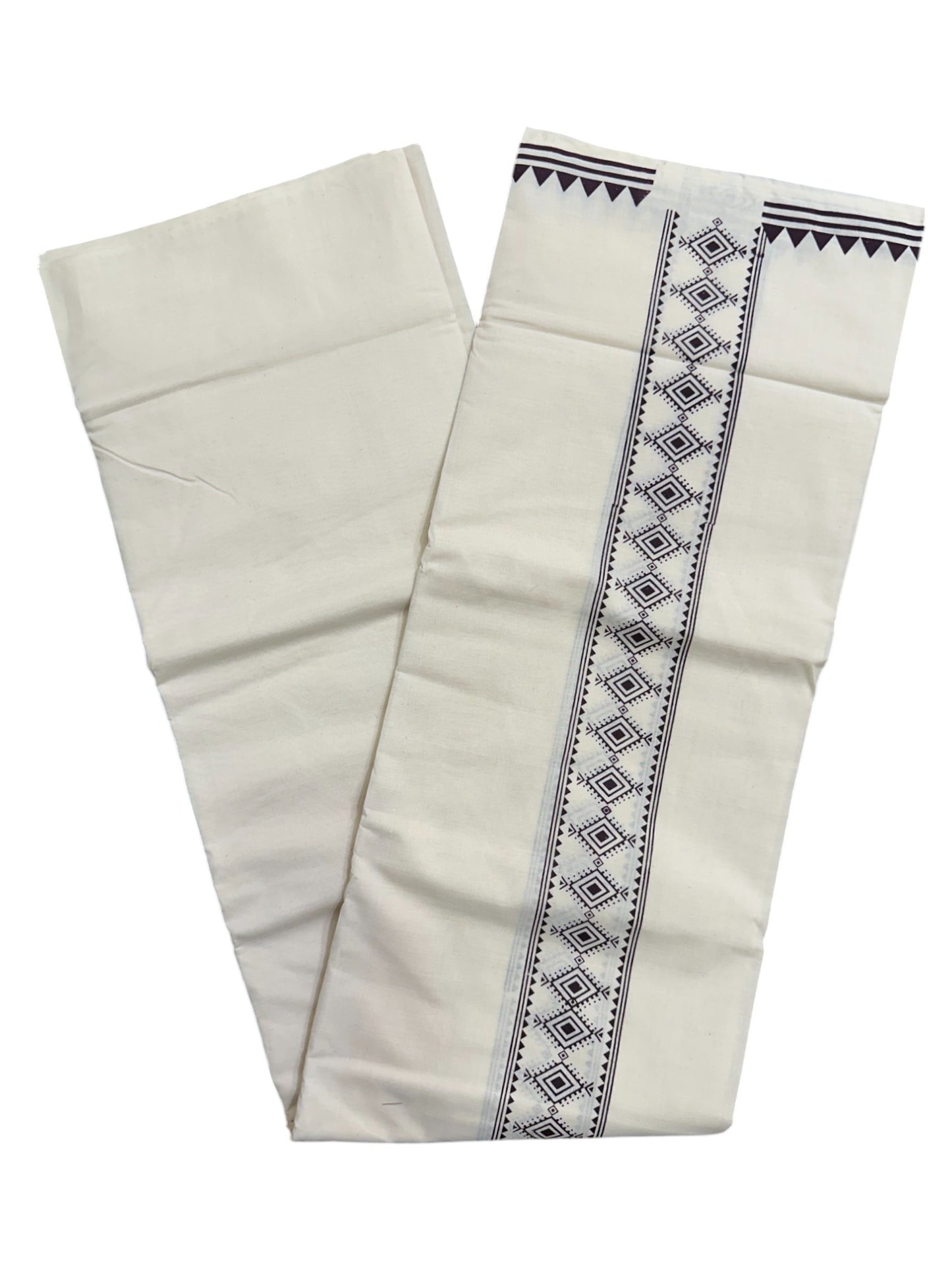 Pure Cotton Off White Double Mundu with Brown Block Prints On Border (South Indian Kerala Dhoti)