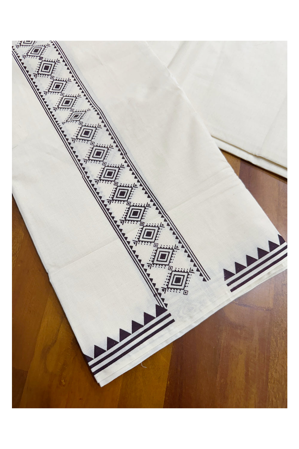 Pure Cotton Off White Double Mundu with Brown Block Prints On Border (South Indian Kerala Dhoti)