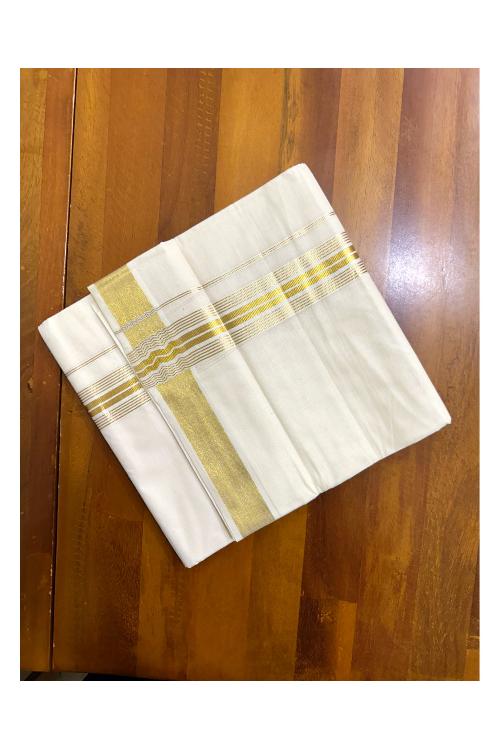 Off White Pure Cotton Double Mundu with Kasavu Lines Border (South Indian Dhoti)