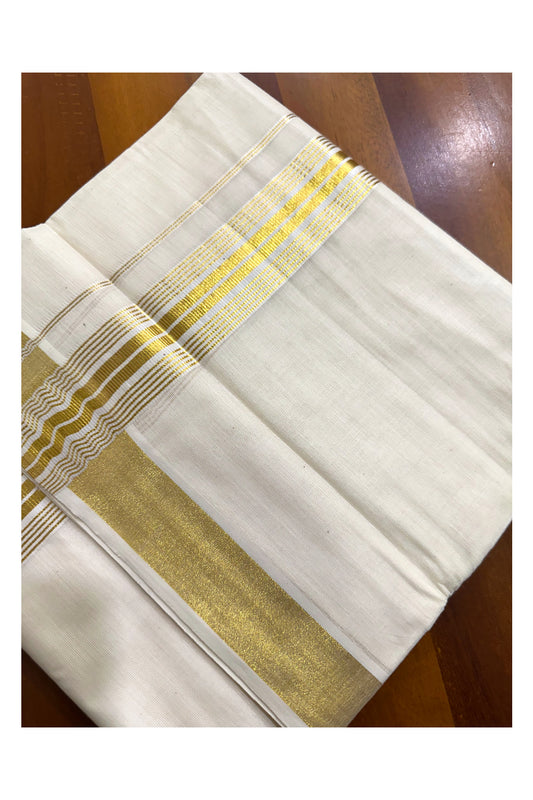 Off White Pure Cotton Double Mundu with Kasavu Lines Border (South Indian Dhoti)