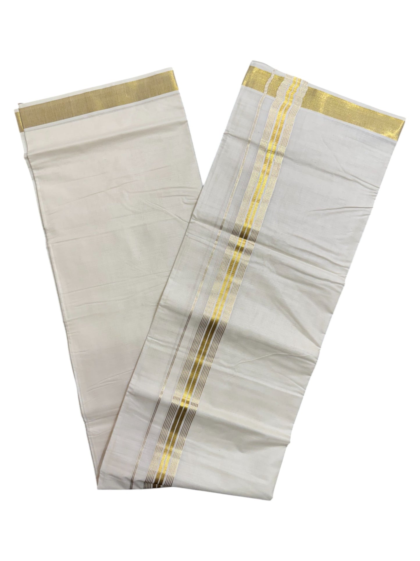 Off White Pure Cotton Double Mundu with Kasavu Lines Border (South Indian Dhoti)