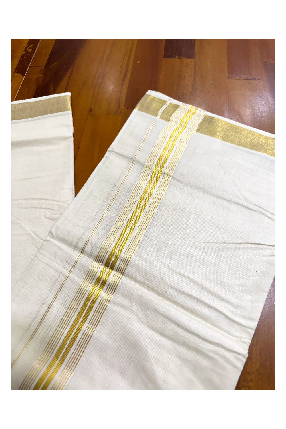 Off White Pure Cotton Double Mundu with Kasavu Lines Border (South Indian Dhoti)