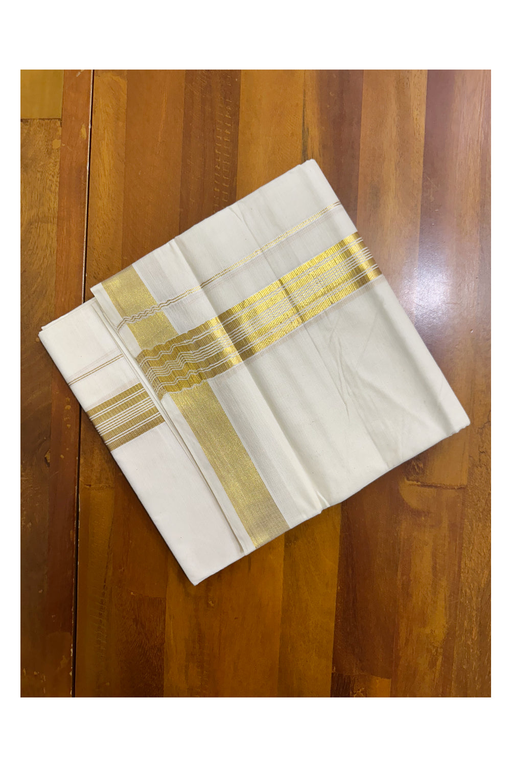 Off White Pure Cotton Double Mundu with Kasavu Lines Border (South Indian Dhoti)