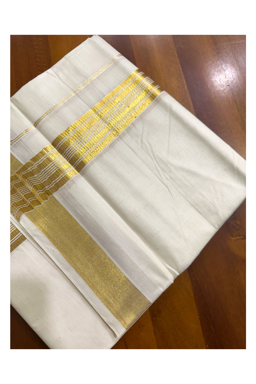 Off White Pure Cotton Double Mundu with Kasavu Lines Border (South Indian Dhoti)