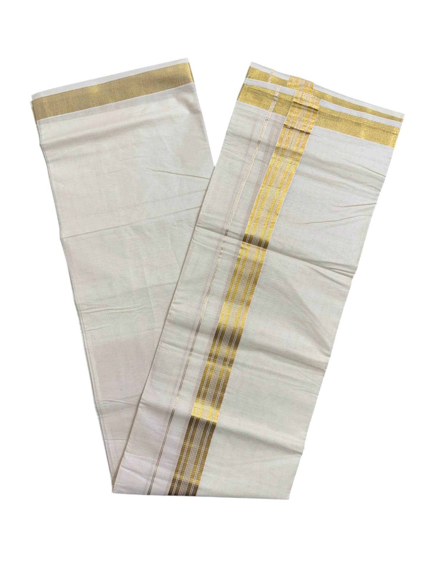 Off White Pure Cotton Double Mundu with Kasavu Lines Border (South Indian Dhoti)