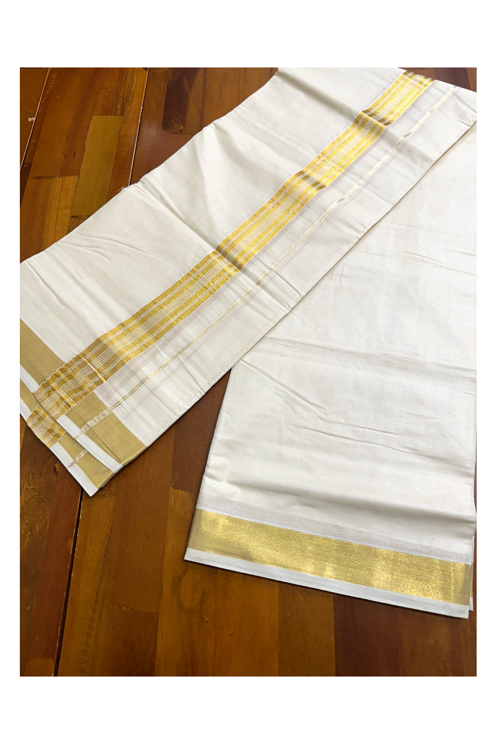 Off White Pure Cotton Double Mundu with Kasavu Lines Border (South Indian Dhoti)