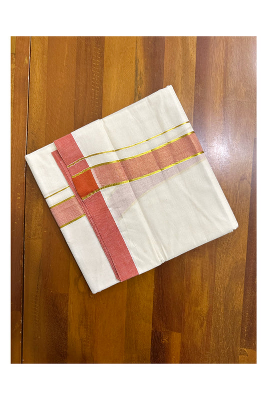 Pure Cotton Off White Double Mundu with Kasavu and Orange Kara (South Indian Kerala Dhoti)