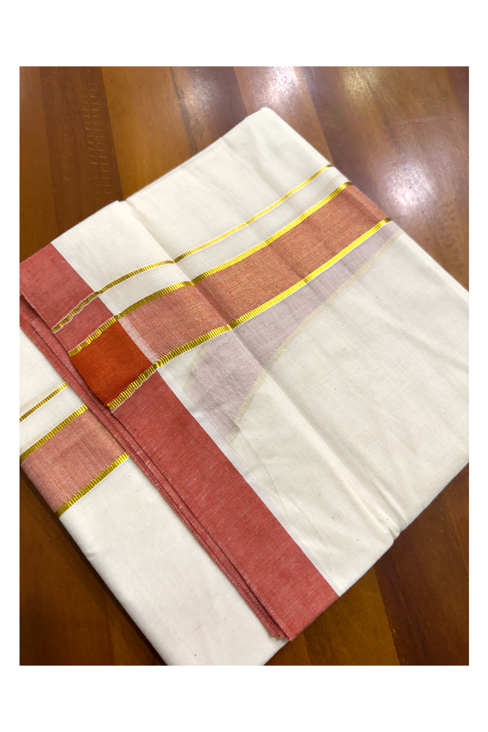 Pure Cotton Off White Double Mundu with Kasavu and Orange Kara (South Indian Kerala Dhoti)