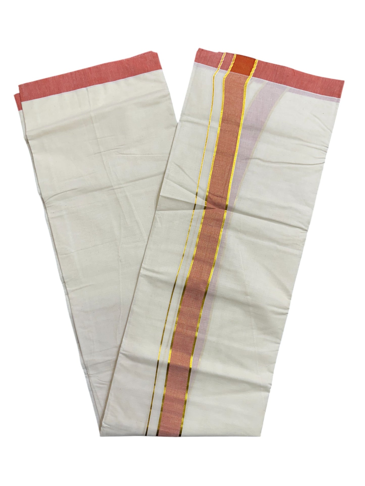 Pure Cotton Off White Double Mundu with Kasavu and Orange Kara (South Indian Kerala Dhoti)