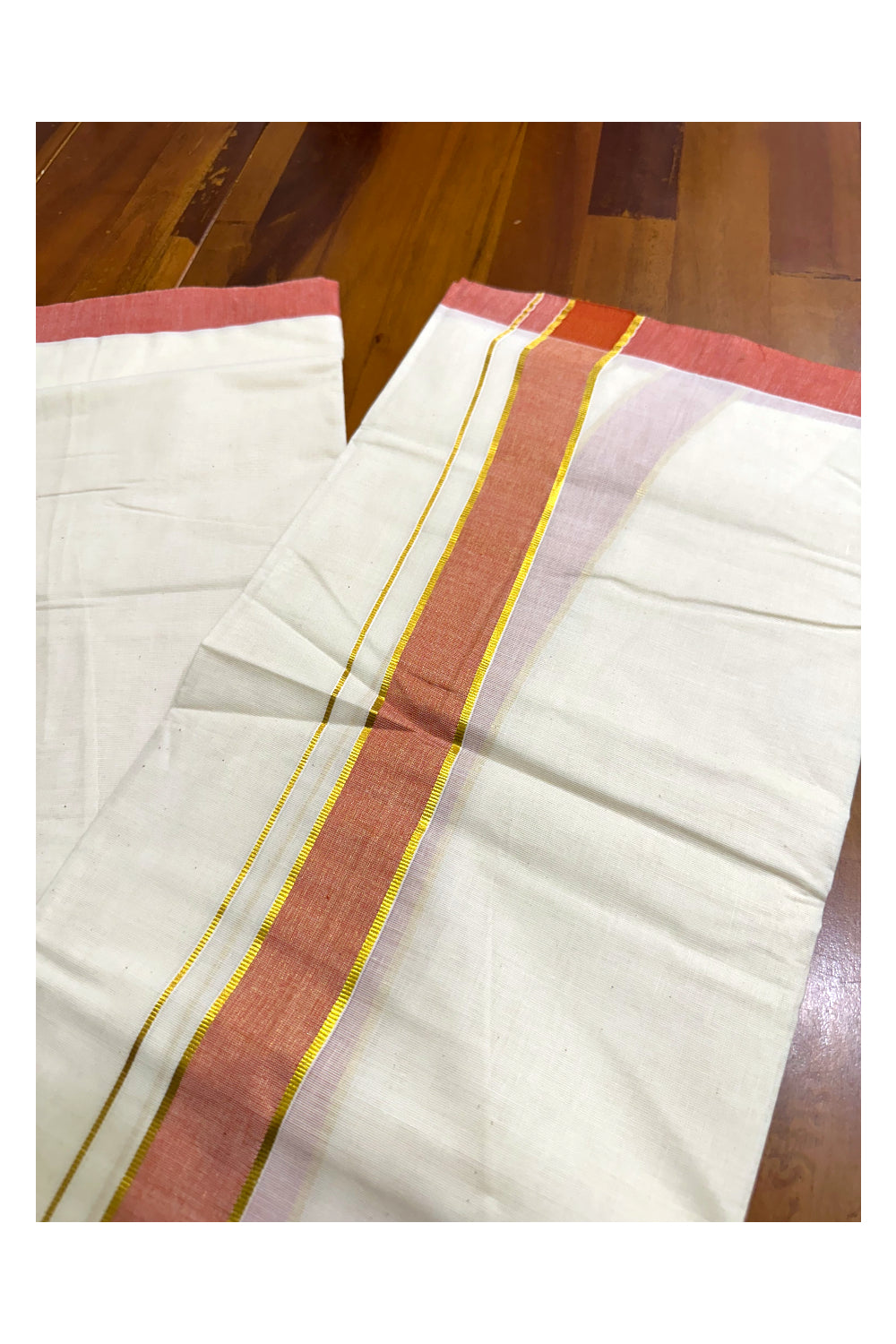 Pure Cotton Off White Double Mundu with Kasavu and Orange Kara (South Indian Kerala Dhoti)