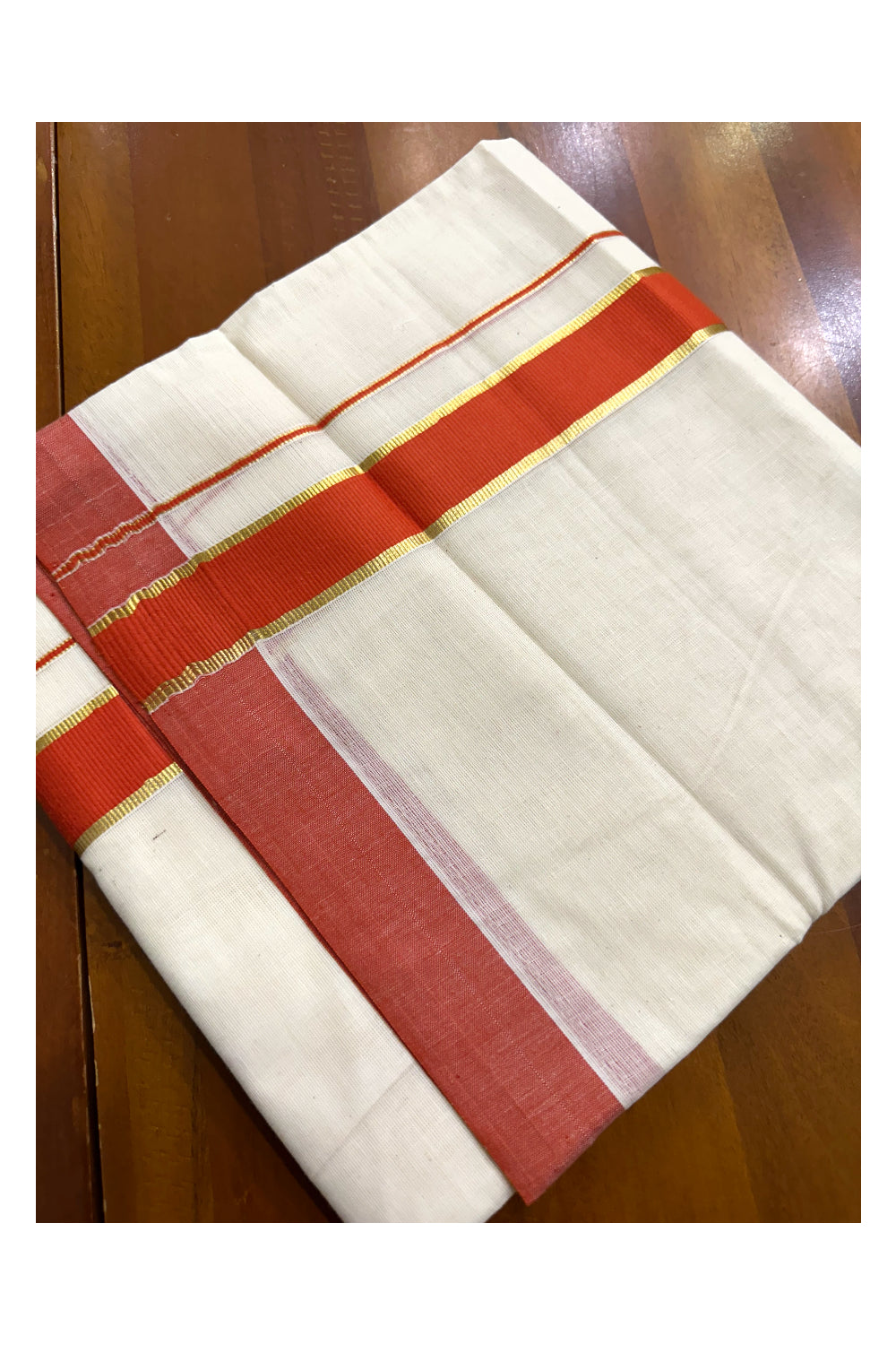 Pure Cotton Off White Double Mundu with Kasavu and Orange Kara (South Indian Kerala Dhoti)