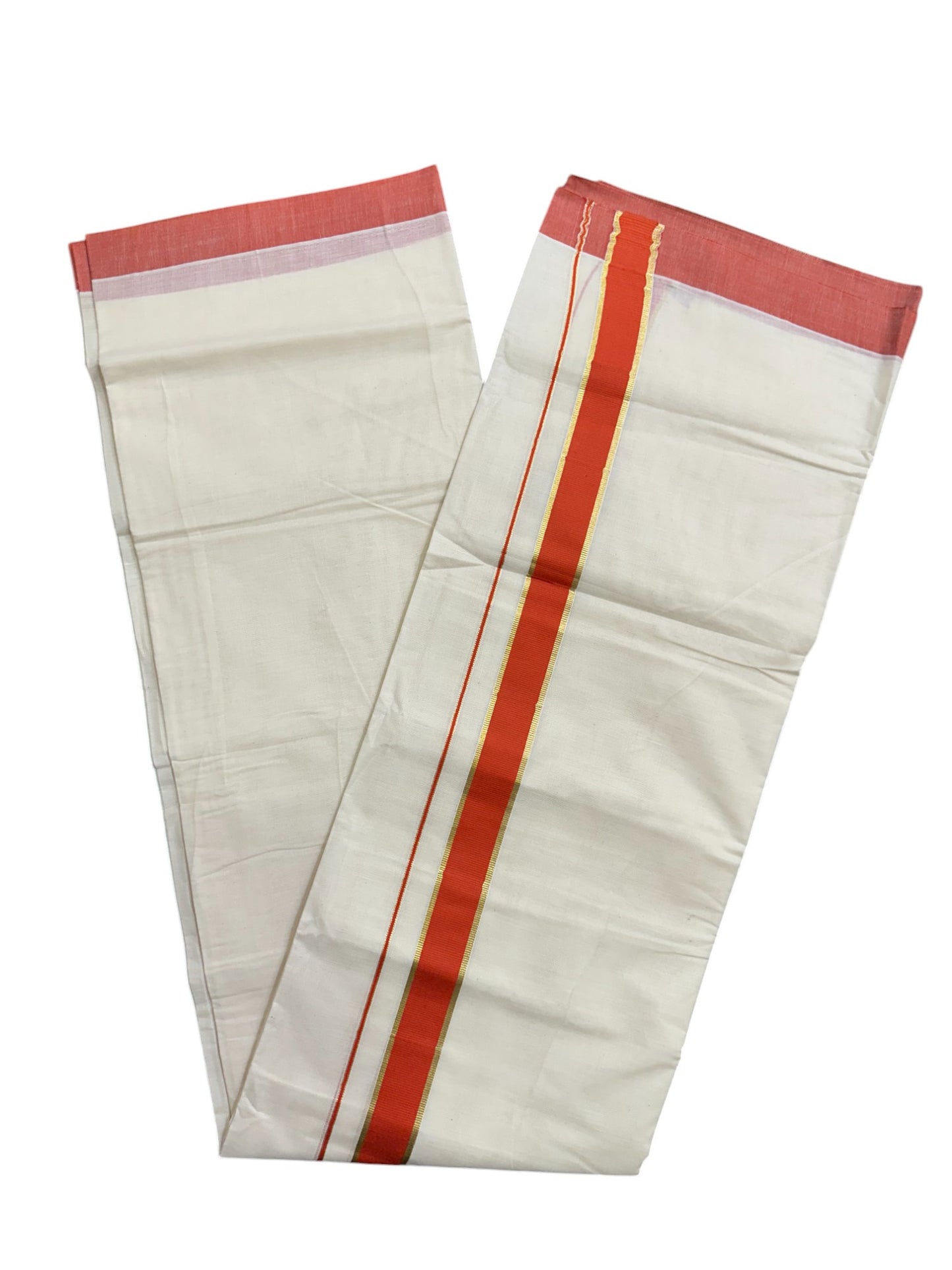 Pure Cotton Off White Double Mundu with Kasavu and Orange Kara (South Indian Kerala Dhoti)